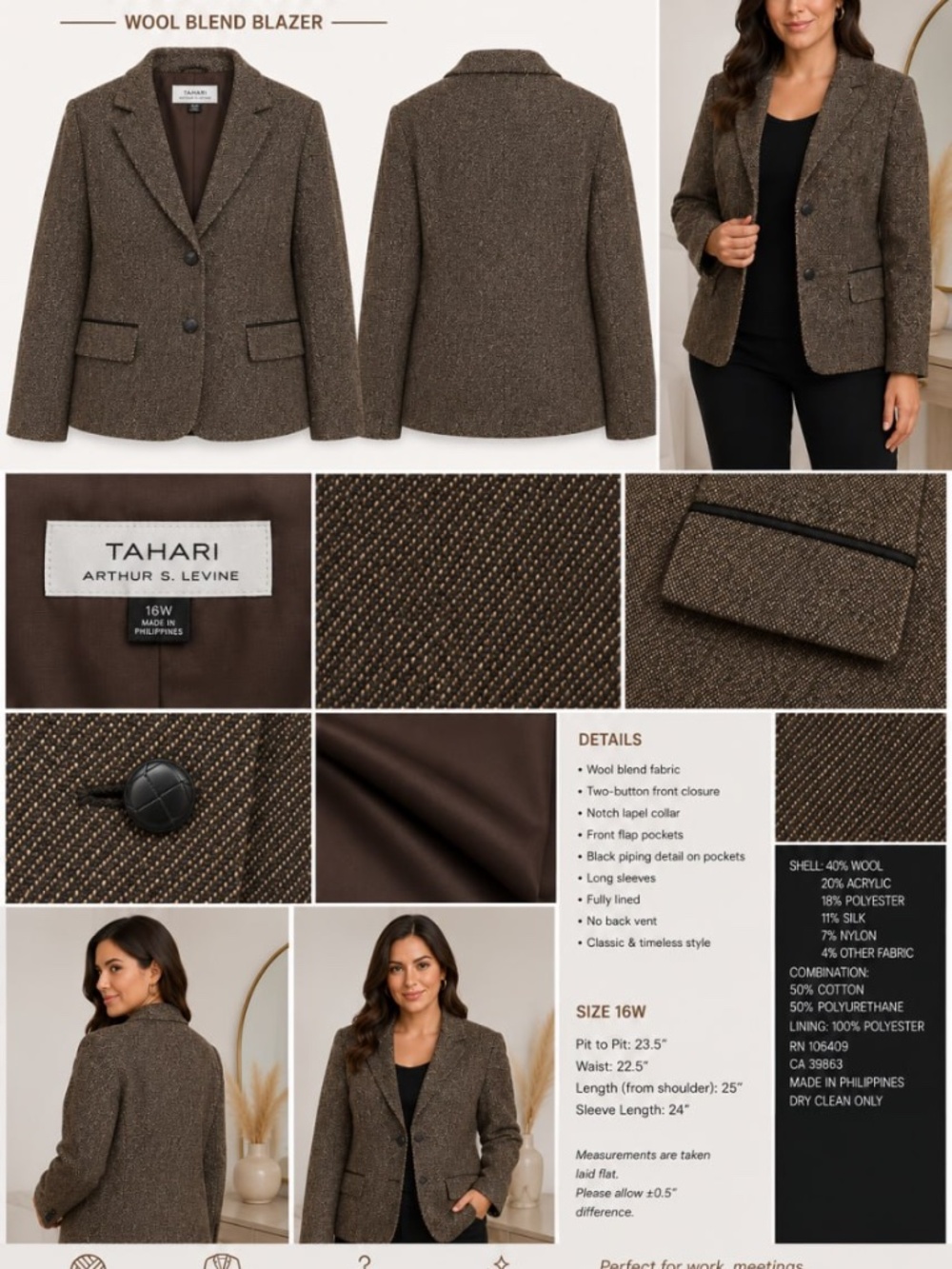 Tahari Arthur S. Levine Brown Wool Silk Blend Blazer Women's 16W Lined